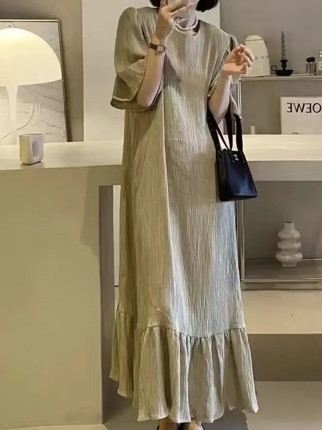 

plus Size 300 Pou Korean Sle ort Sve Long Dr Women's Summer Dr Ele Texture Miss Rich Girl A-Line Skirt