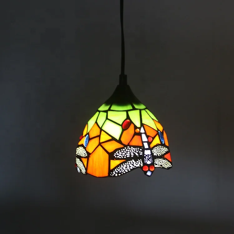 6 Inch Mini Traditional Tiffany Red Dragonfly Stained Glass LED E26 Pendant Lamp 1-Light Modern Living Room Ceiling