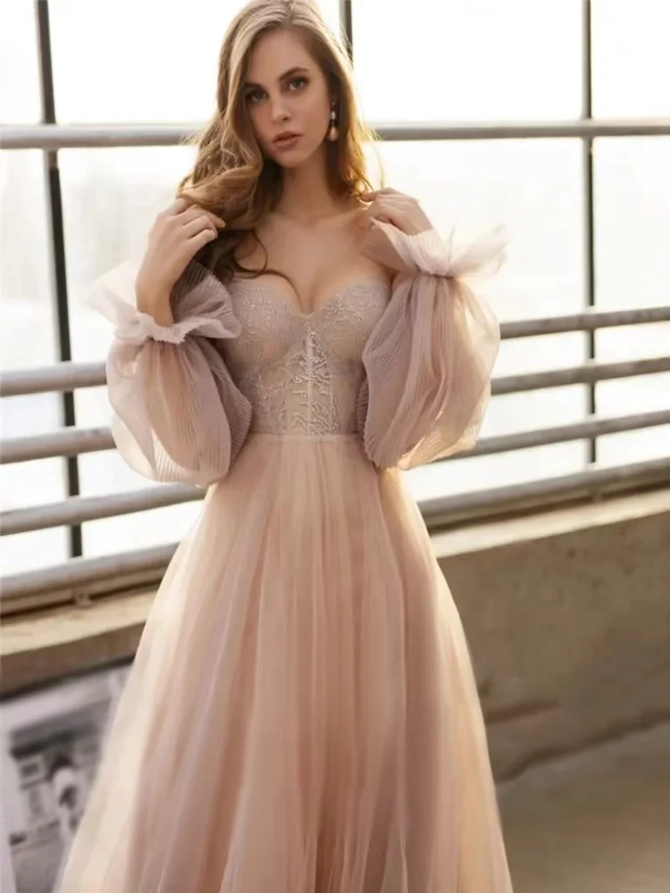 تخصيص مثير اللحوم الوردي الحبيب قبالة الكتف ألف خط كم طويل طول الأرض فستان حفل زفاف مناسبة رسمية الطية