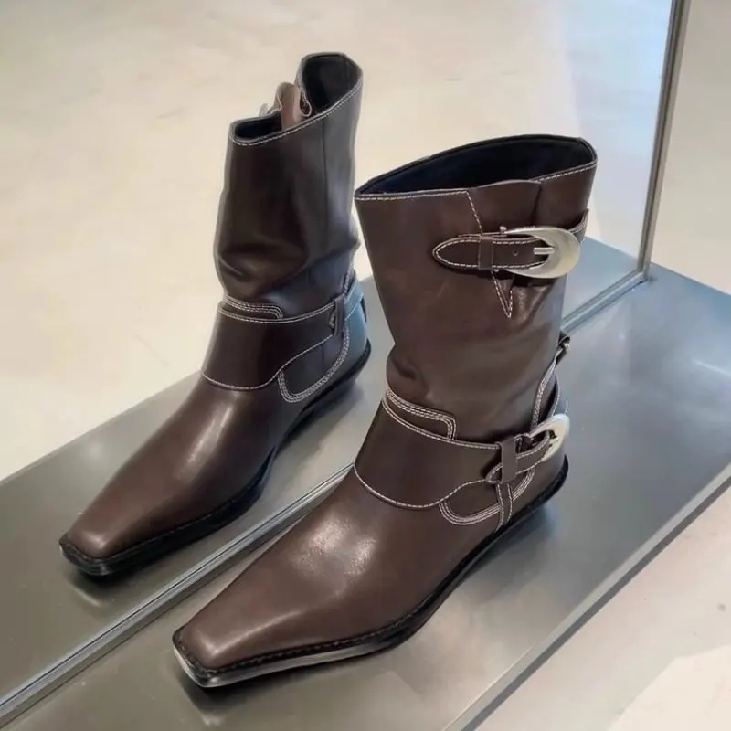 Autumn Cowboy Boots For Women Fashion Slip On Long Pipe Boots Female Square High Heel Trend Winter Footwear Women Ankle Boots