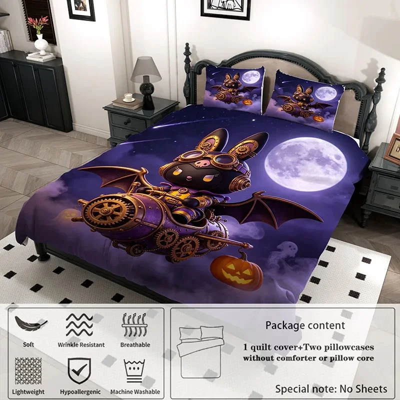 Kuromi Bat Wing Pilot Bedding Set, Pumpkin Lantern Airship Duvet Cover, Halloween Christmas Gift For Kids