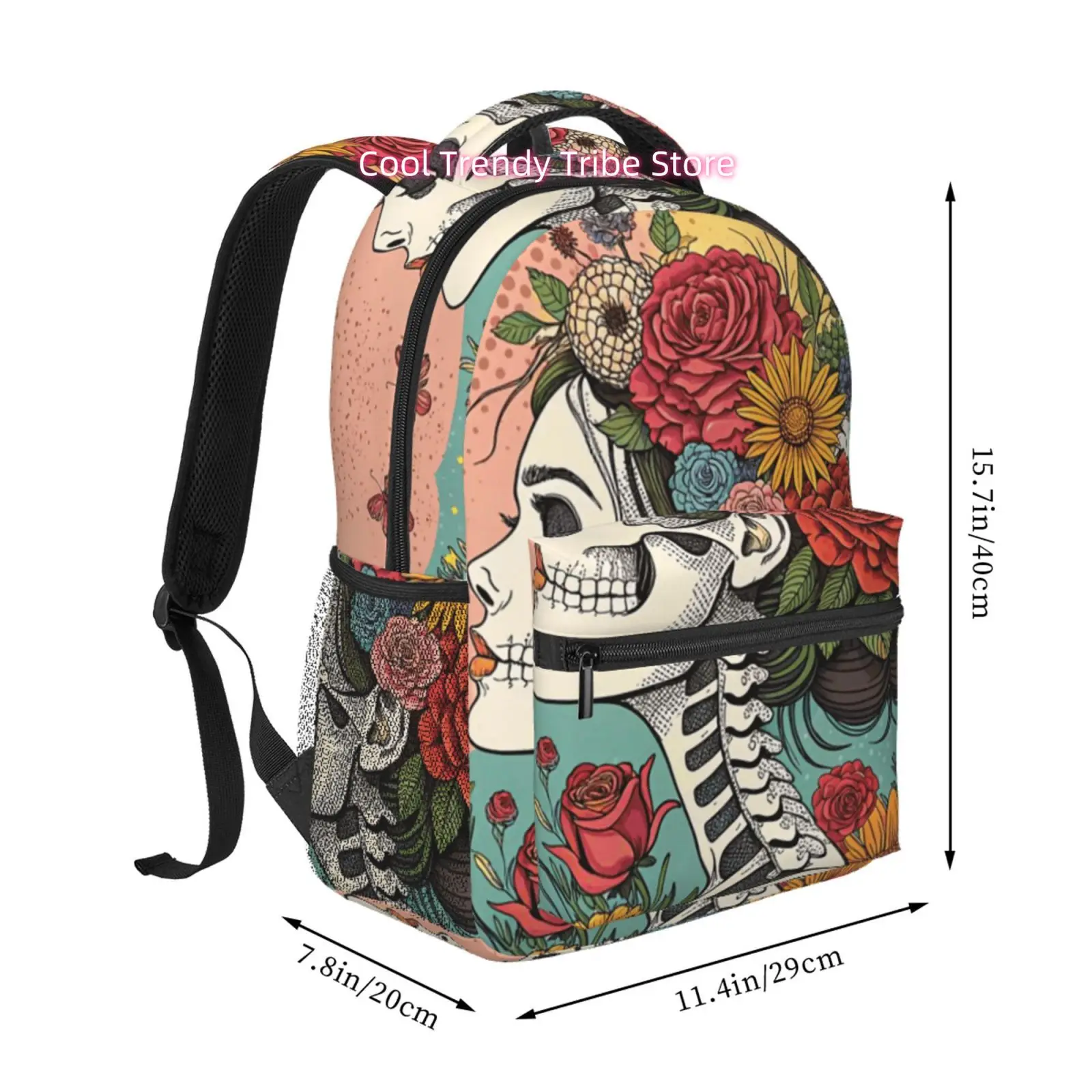 Colorful Rose Side Skull Tattoo Style Print Travel Backpack, Large Capacity with Adjustable Shoulder Straps And Multiple Compart