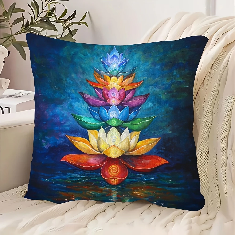 Chakra Regenbogen Lotus Kissenbezug Spiritueller Yoga-Meditations-Druck Boho Zen Blumenmuster Kissenhülle für Sofa Bett Couch Heimdekoration