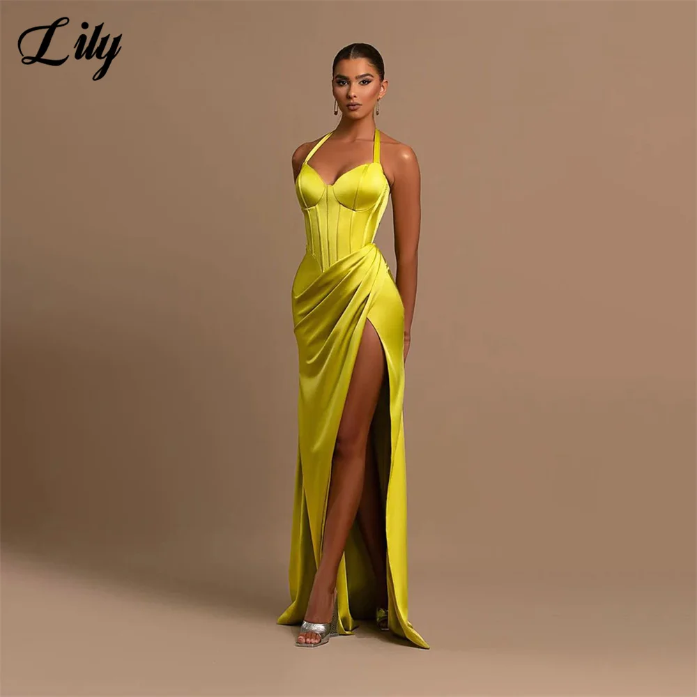 Lily Yellow Halter Prom Dresses High Split Evening Dresses For Wedding Stain Sleeveless Party Dresses Floor Length robe soirée