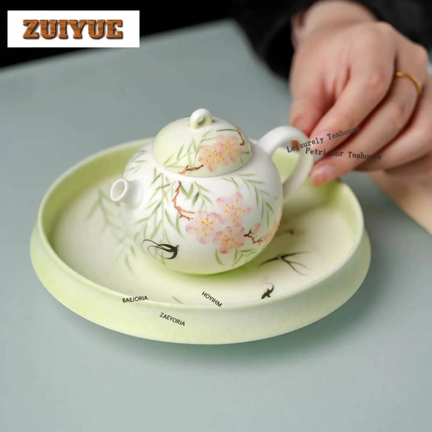 Hand-painted Peach Willows Flying Swallows Pot Bearing Holder Zisha Pot Tray Dry Bubble Table Tea Tray Coasters Cafes Decoration