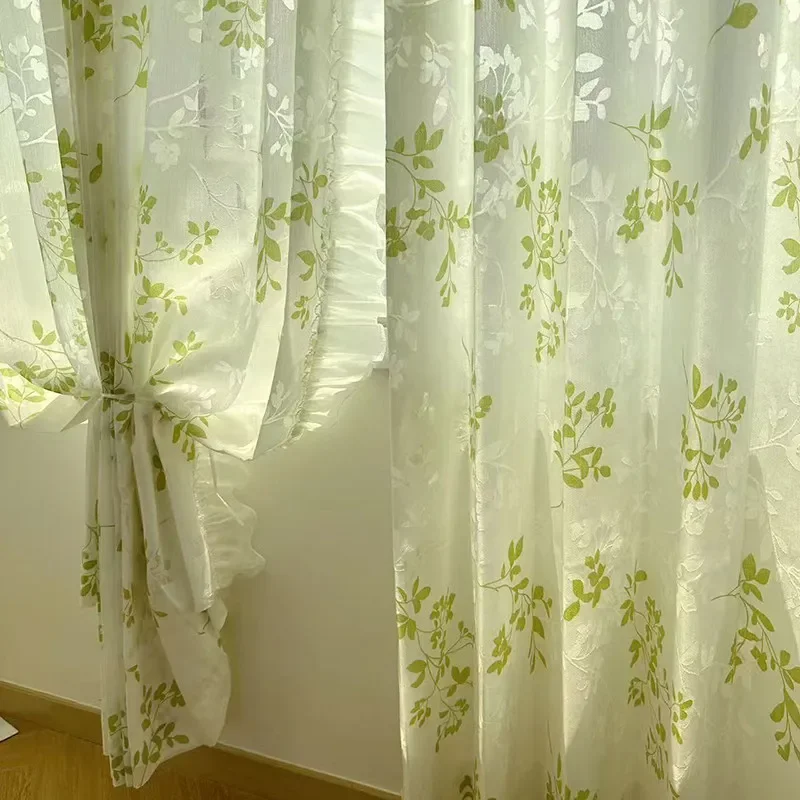 French Log Style Romantic Gauze Curtain High-end Customized Green Light-transmitting and Opaque Window Screen Window Decor