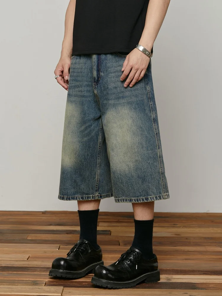 

Cleanfit American Retro Men's Washed Denim Capri Pants Spring Versatile Casual A-Line Wide Leg Medium Length Jeans