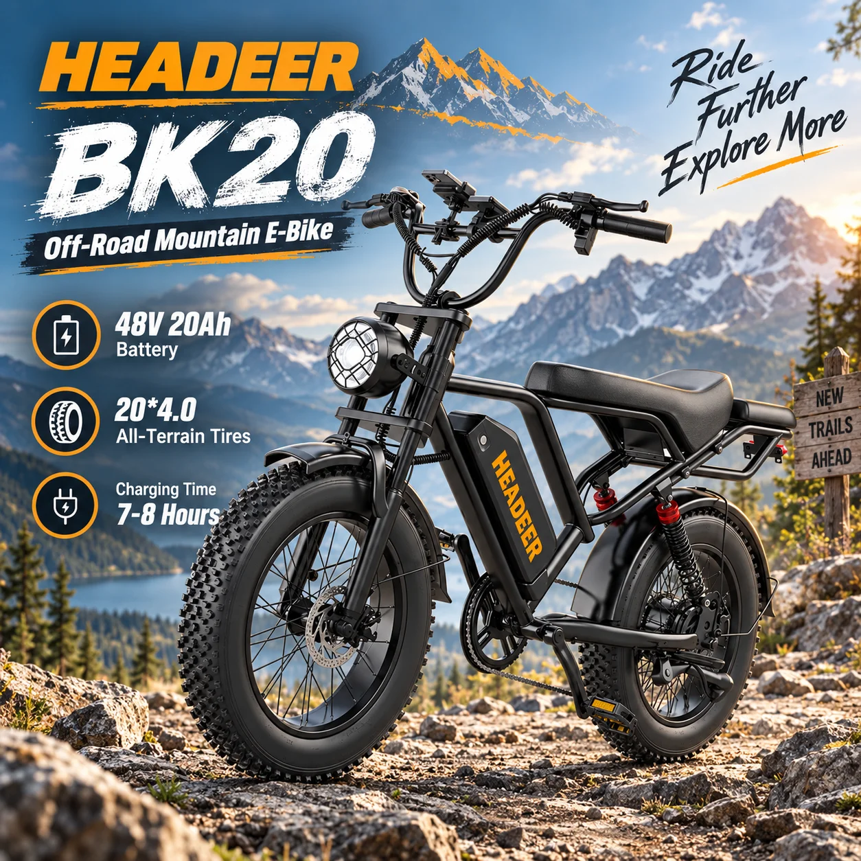 HEADEER BK20, e-bike da fuoristrada con pneumatici larghi, ideale per adulti, dotata di pneumatici 20×4.0, batteria al litio da 48V e 20Ah, sospensioni complete, doppi freni a disco, display LCD e app