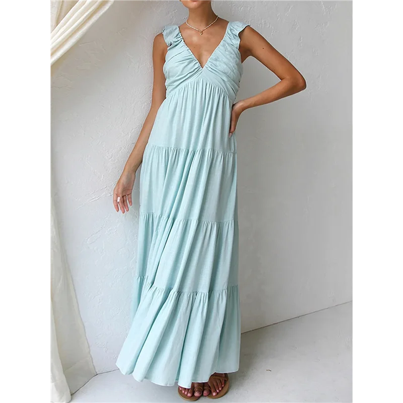 ABP-ชุดเดรสแม็กซี่เดรสฤดูร้อนของผู้หญิงลําลองแขนกุดคอวี Smocked Beach Sundress