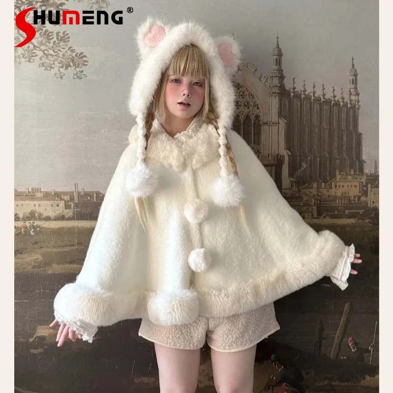 

Autumn Y2k Cartoon Ears Soft Comfortable Fluffy Short Cape Shawl Outerwear Ladies Kawaii Beautiful Ponchos Warm Coat Cloak Coat