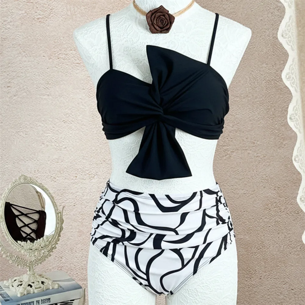 Sexy Black Front Big Bow Knotted Swimwear High Waist Bikinis Sets Wave Print Swimsuit Woman 2026 Ruched Bather Bikini Mujer