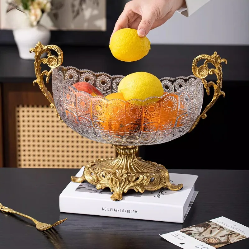 French home decoration high-grade copper inlaid crystal glass household fruit plate fruit storage old money style art ornament