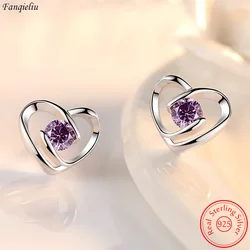 Solid 925 Sterling Silver Woman's Gift New Fashion Crystal Jewelry Heart Stud Earrings FQL23728