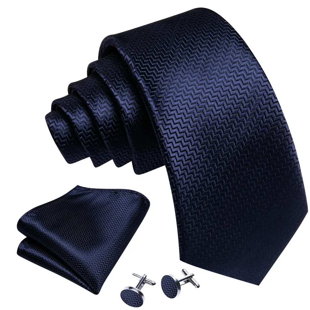 Formal Dark Blue Necktie For Men Classic Silk Wave Solid Pocket Square Cufflinks Sets Business Party Birthday Ties Barry.Wang