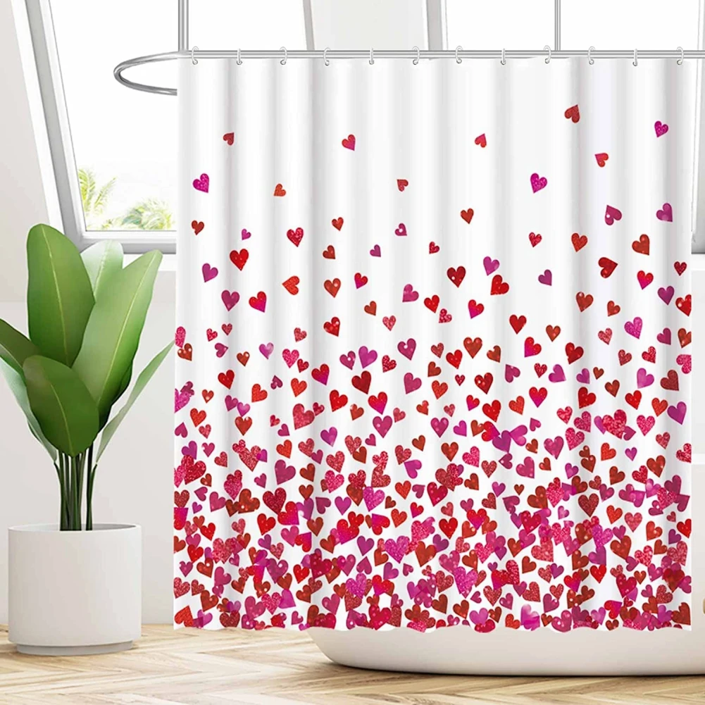 Pink Shower Curtain 71Wx71H Inches Heart Cloth Fabric Waterproof Bathroom Bath Screen Valentines Day Home Decor with 12pcs Hook