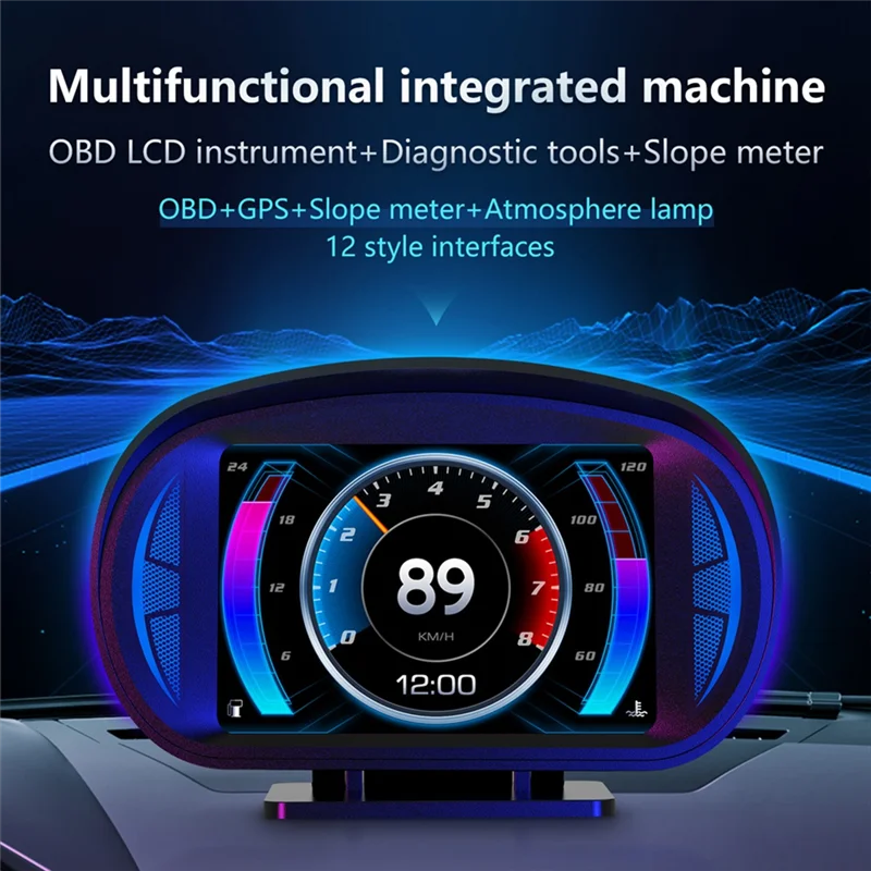 

P2 Car HUD Head-Up Display OBD GPS Vehicle Speed And Gradient Meter Water Temperature And Fuel Consumption Black