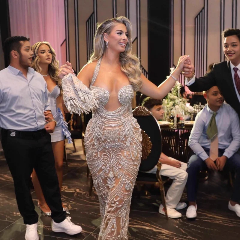 

Новое поступление, женское облегающее платье с лямкой на шее и воротником из тяжелого бисера, сексуальное сетчатое облегающее платье с пайетками, вечерние свадебные платья русалки