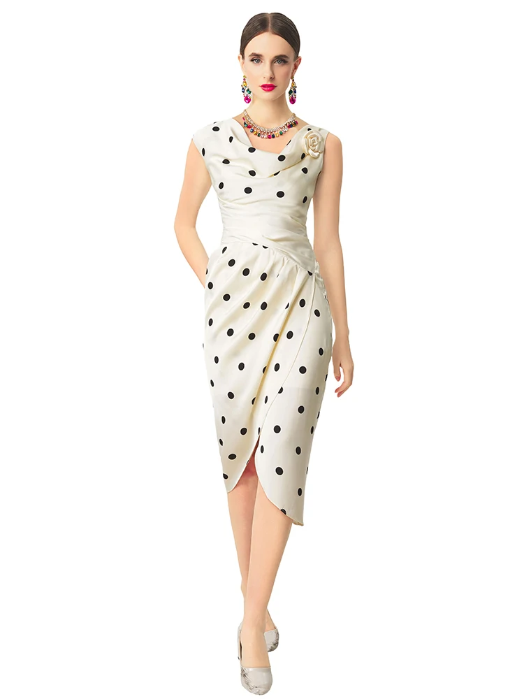 

JUNLINNA Summer Dress Women Party Holiday Polka Dot Printing Asymmetrical Vestidos Flower Appliques Swinging Collar