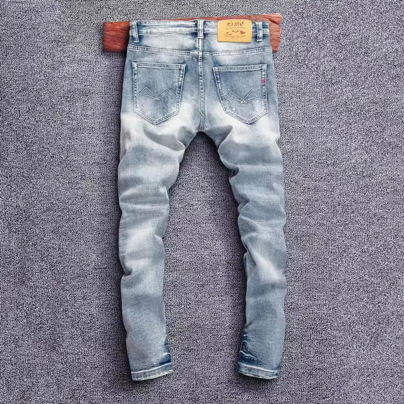 Fashion Designer Men Jeans High Quality Retro Light Blue Stretch Slim Fit Ripped Jeans Men Streetwear Vintage Denim Pants Hombre