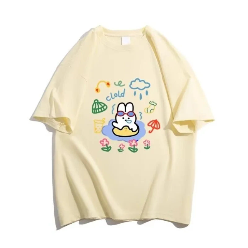 2024Summer Sweet Female Tshirts Plus Size Short Lady Travel Tee Cute Rabbit Print Women T-shirt Retro Women's Short Sleeved Tops