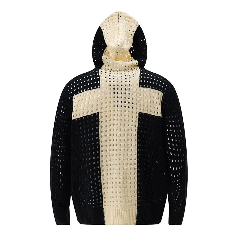 Fashion Cardigan Hollow Casual Sweater Hip Hop Patchwork Oversized Knitted Jumper For Male Hooded