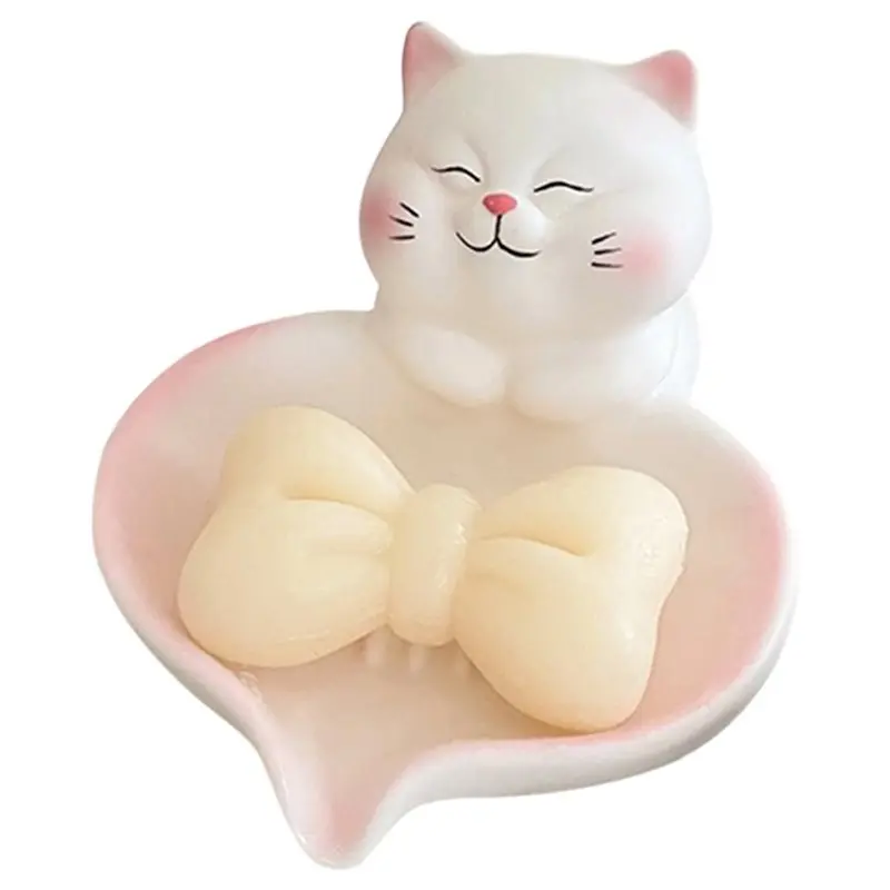 

Мыльница A93E в форме милого кота – органайзер для ванной на столешницу с дренажем, нескользящее основание, декор в пастельных тонах (розовый и белый), держатель для губки, 1 шт.