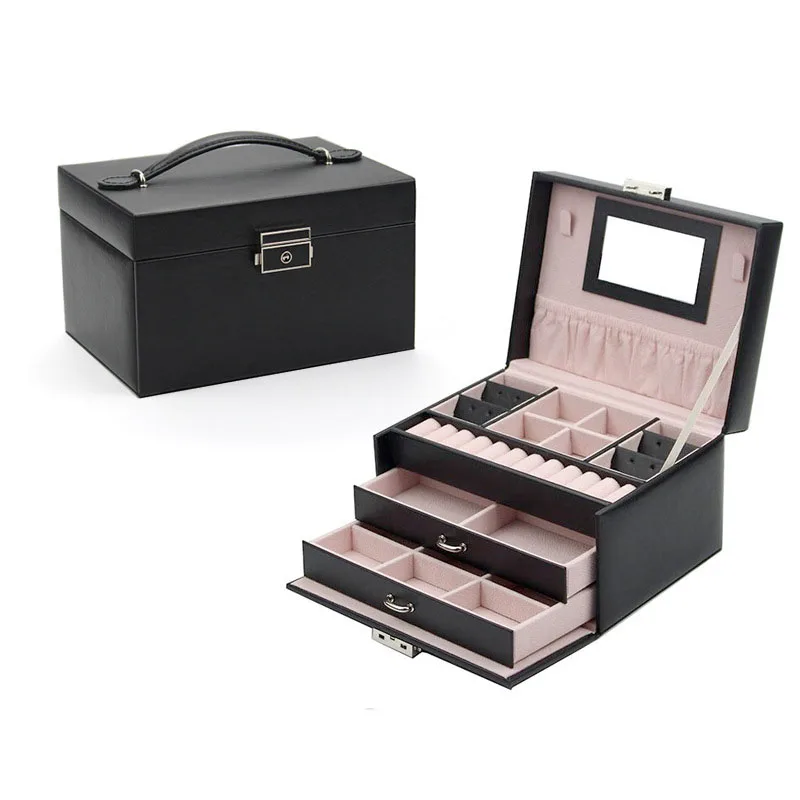 

Jewelry Organizer Box 3 Layer With PU Leather Travel Jewelry Case With Mirror Jewelry Storage For Girls Women