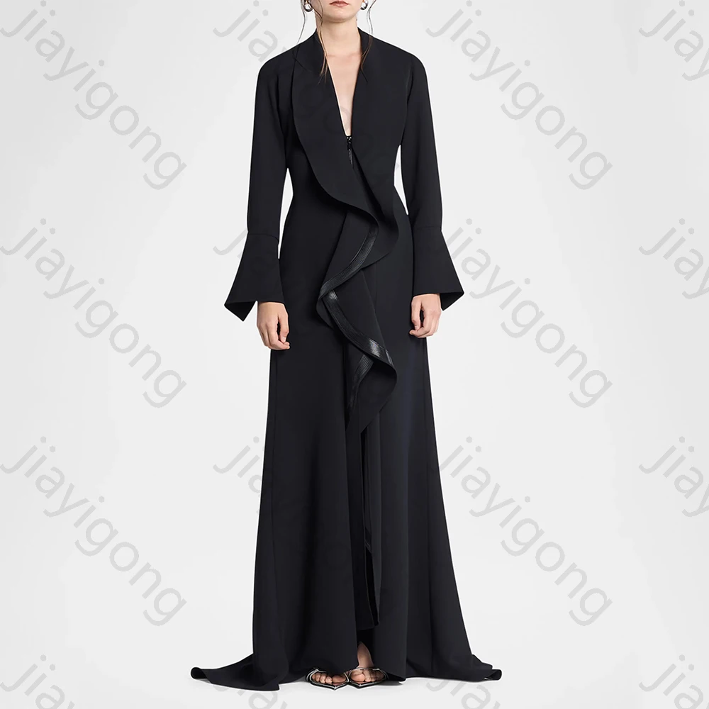 

Elegant Long Sleeves Deep V Neck Ruched Jersey Evening Dresses Sexy Exquisite High Quality Prom Party Gowns for Women Customized