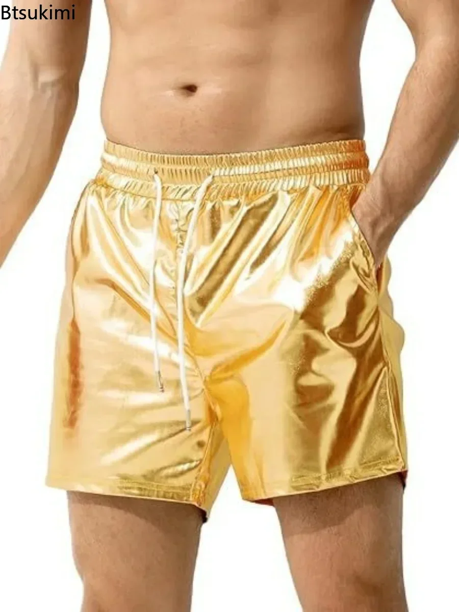 

2025 Men's Summer Leather Sexy Shorts Metallic Sparkly Drawstring Short Pants with Pockets Solid Color Evening Party Wear Shorts