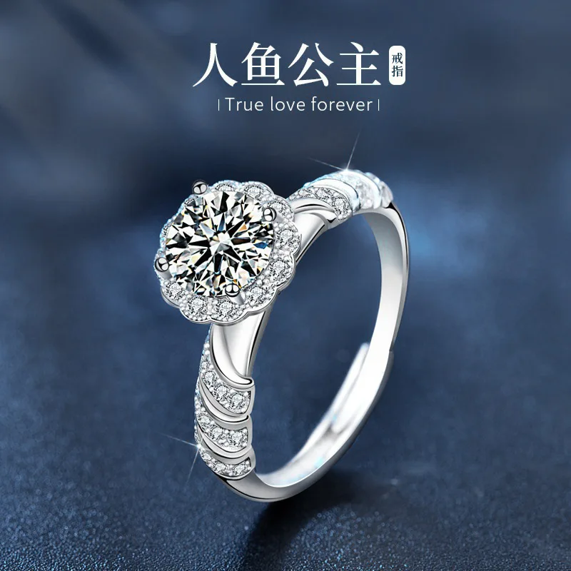 

925 sterling silver ring for women, moissanite mermaid princess open adjustable personalized couple's ring, 1 carat jewelry