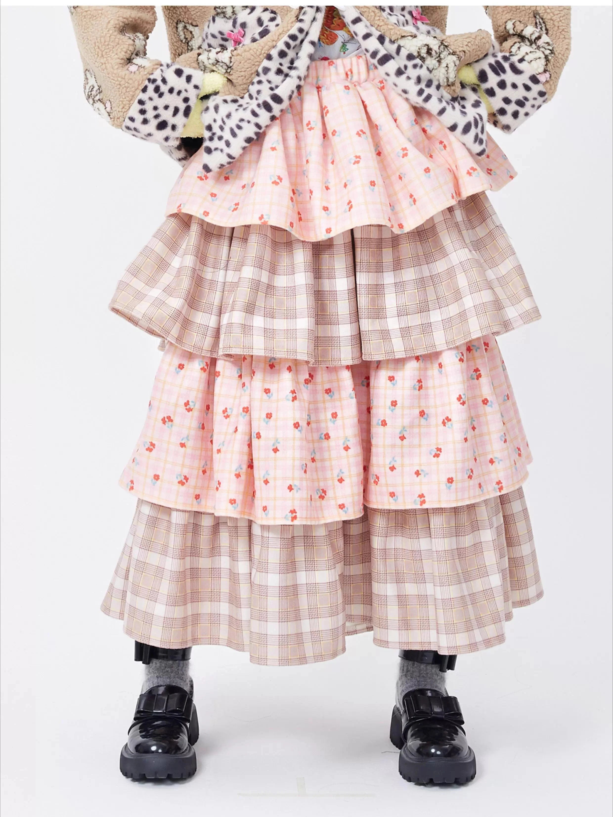 Japan JK Lolita Girls Pink Tiered Puff Cake Skirt Women Retro Cute Style, Plaid & Cherry Print Midi Skirt for Fall Winter Season