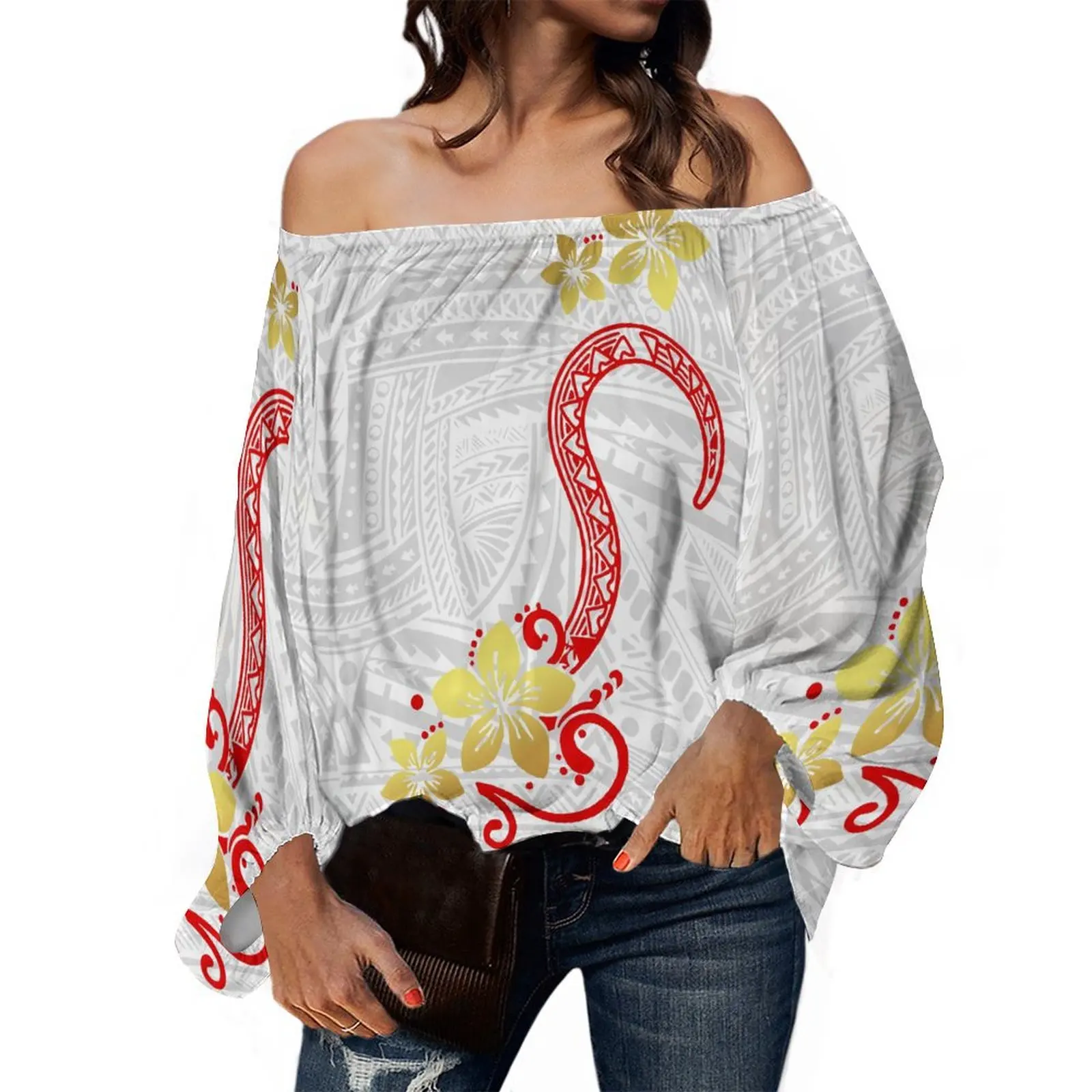 Pacific Island Art Clothing Custom Patterned Polynesian Ladies One-Line Shoulder Top Printed Summer Style Shirt