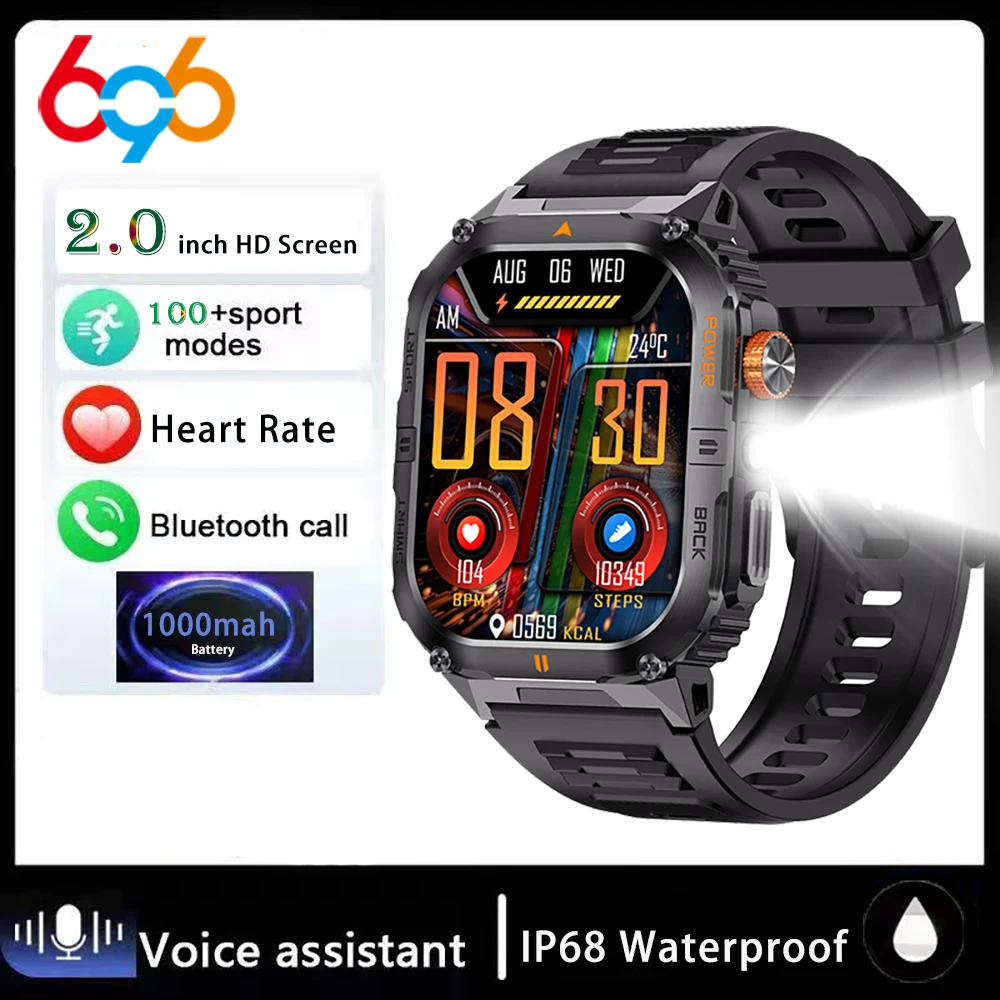 

Outdoor Weather Sports Smart Watch LED Flashlight IP68 Waterproof Heart Rate Health Smartwatch 1000Mah Battery Blue Tooth Call
