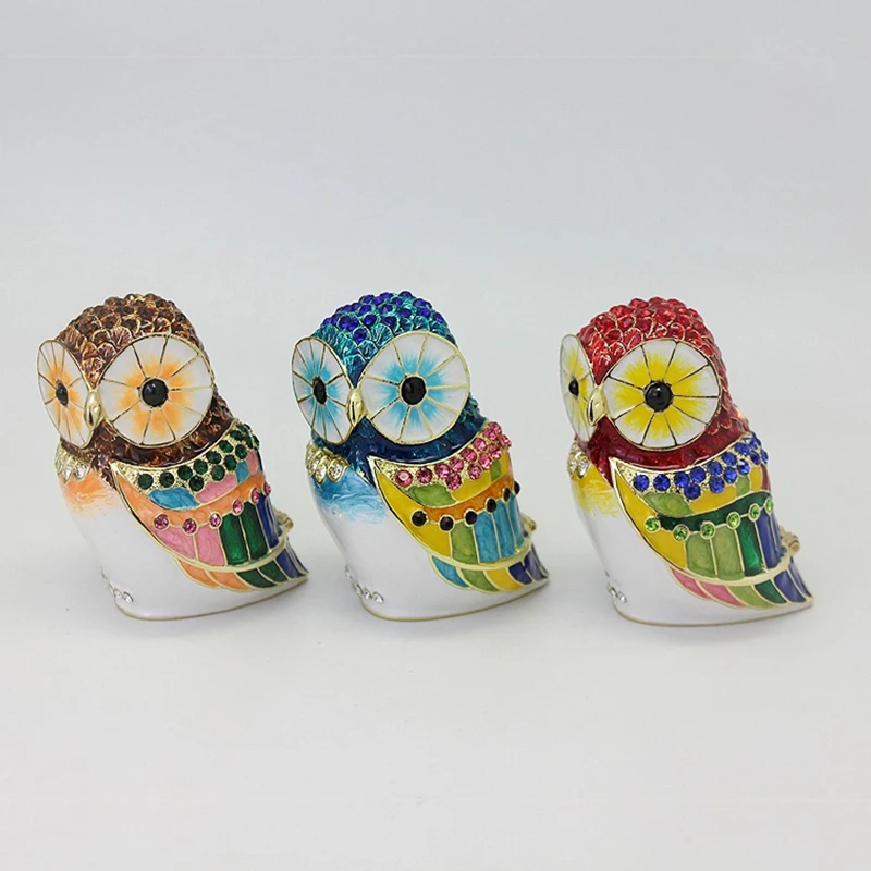 SHINNYGIFTS Owls Jewelry Trinket Box Figurine Enamel Hinged Hand Painted Keepsake Decoration with Crystal Rhinestones