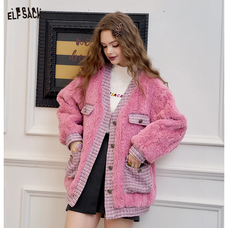 ELFSACK 2024 Winter New Arrivals Houndstooth stitching pink fluffy coat for women