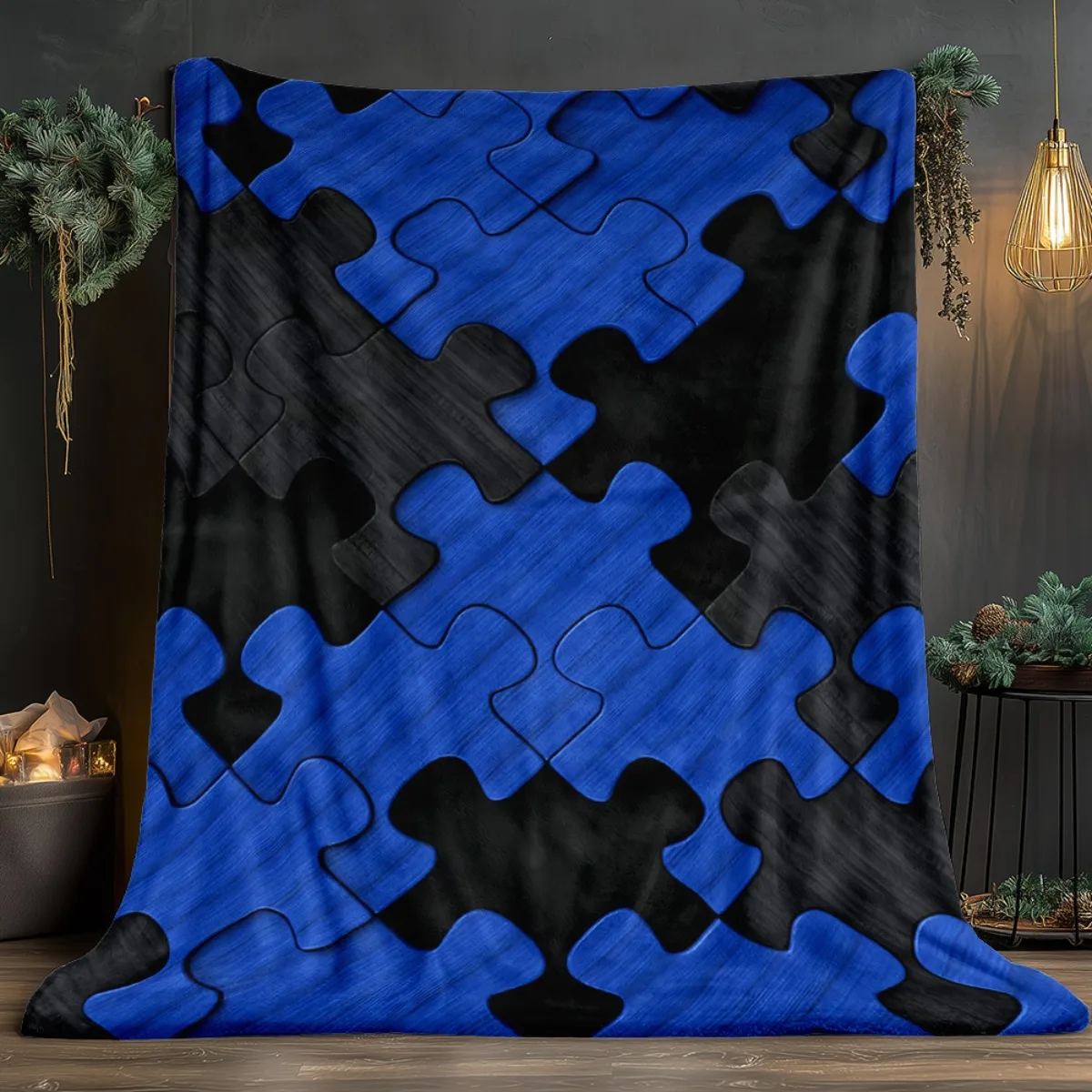 Blue and black puzzle piece pattern flannel blanket autism awareness design modern abstract blanket for home or therapyroomdecor