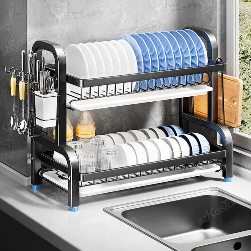 Household Multifunctional Bowl Rack 2 Tier Carbon Steel Shelf Storage Drain Rack Accessory Tableware Storage Kitchen Dish Rack