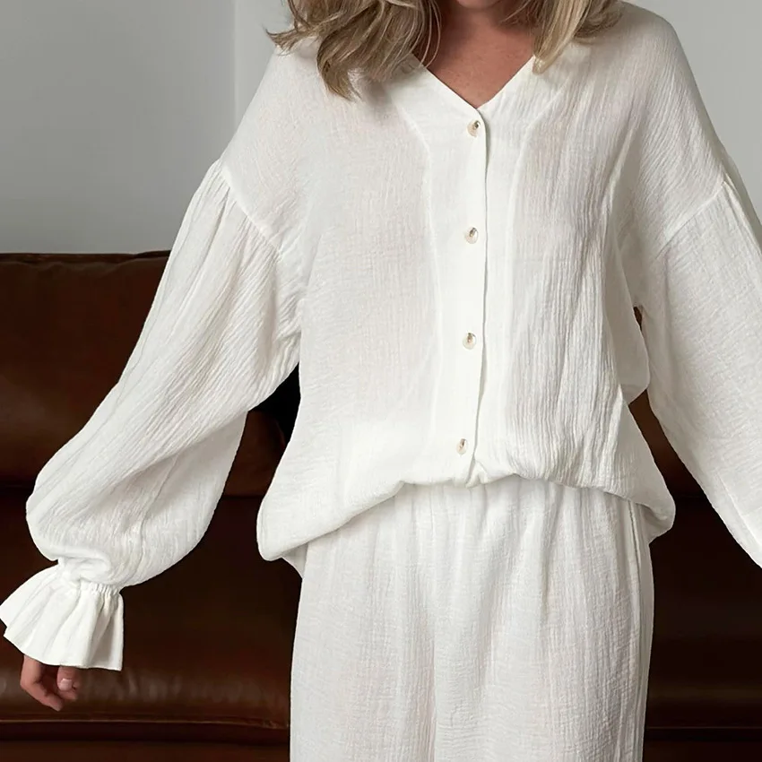 Pajamas Sets Winter Models of Cotton Casual Flared Sleeves Cardigan Long Pants White Two-piece Set of Soft Ladies Loungewear