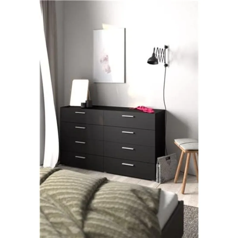 8 Drawer Double Dresser, Bedroom, Modern Silver Drawer Handles, Contemporary, Black