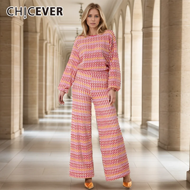 CHICEVER Casual Hit Color Knitted Two Piece Set For Women O Neck Long Sleeve Top High Waist Flare Pants Suits Female Urban Style