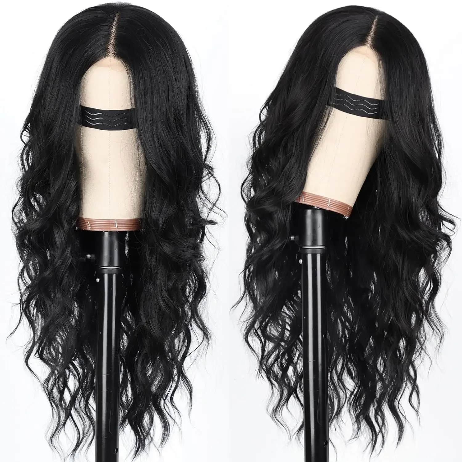 Black Wig for Women Long Wavy Lace Hairline Middle Part Synthetic Heat Resistant Wig for Daily Party-26 Inch