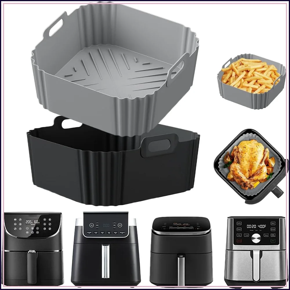 8.8 Inch Square Silicone Air Fryer Liners, 2 Pack Reusable for 5-8QT Air Fryers