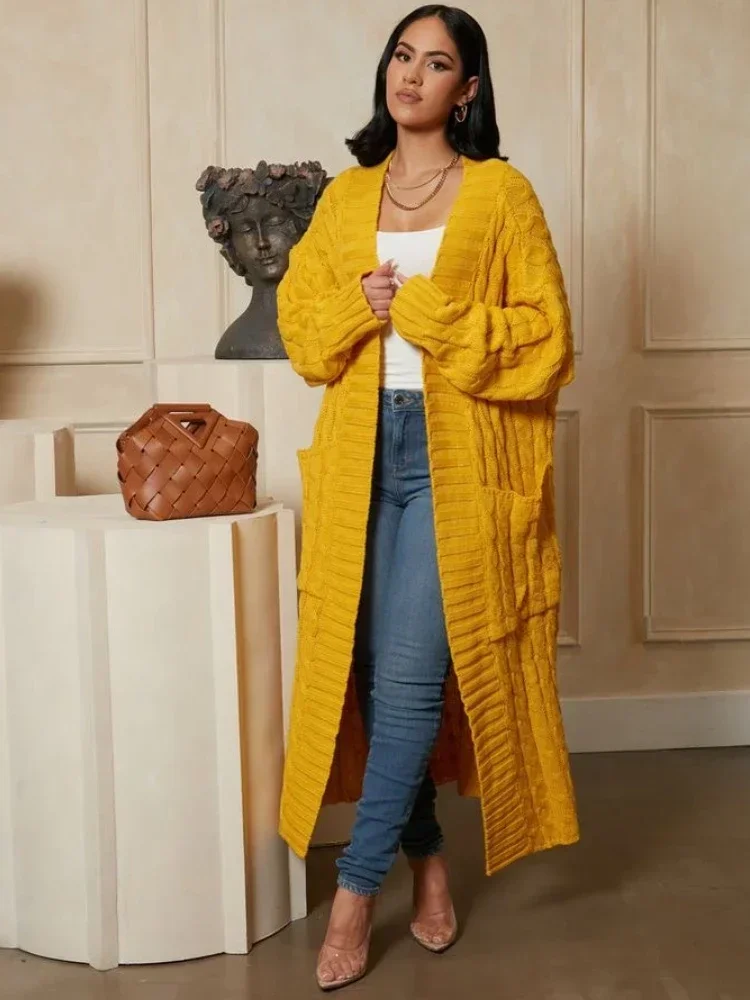 Kintted Cardigan Women Long Jacket Autumn Winter Yellow Crochet Loose Long Sleeve Woman Sweater Warm Jumper Causal Cardigans