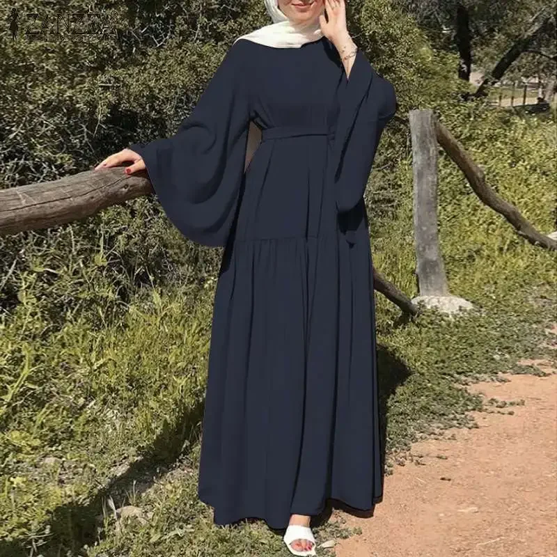 Long-sleeved Muslims Dubai Abayas Fashion O-neck Dress for Women Spring Solid Color Casual Robe Female Islam Clothes with Belt