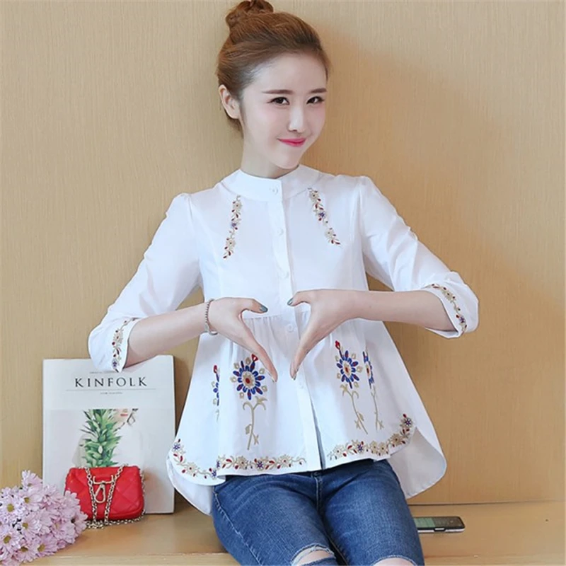 Ethnic Vintage Embroidery 100% Cotton Shirt Women Elegant Blouse Button Up Shirts Ladies Office Wear Loose Casual Tops 2022 New