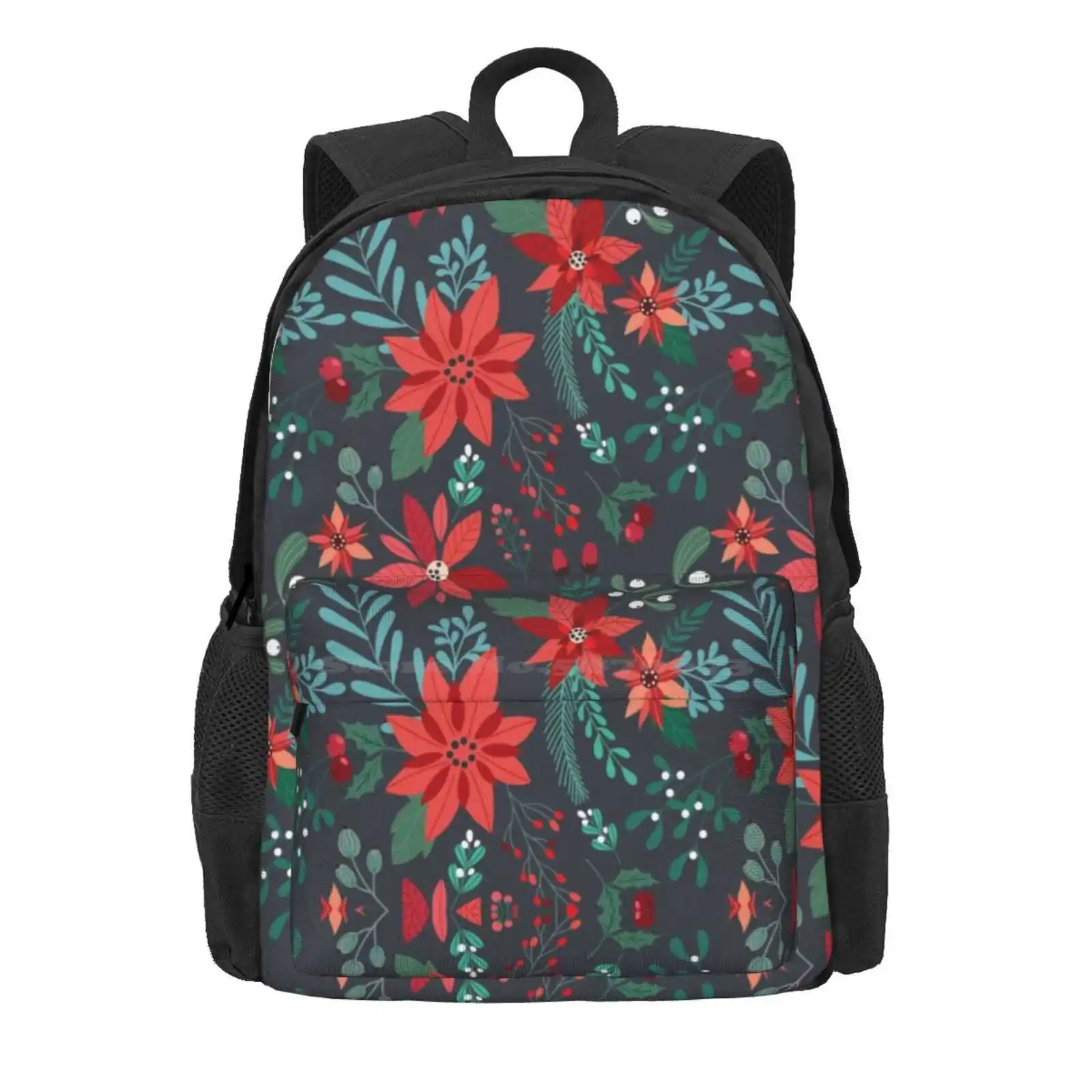 Poinsettia Pattern Hot Sale Schoolbag Backpack Fashion Bags Pattern Seamless Poinsettia Flowers Floral Holiday Winter Cold Red