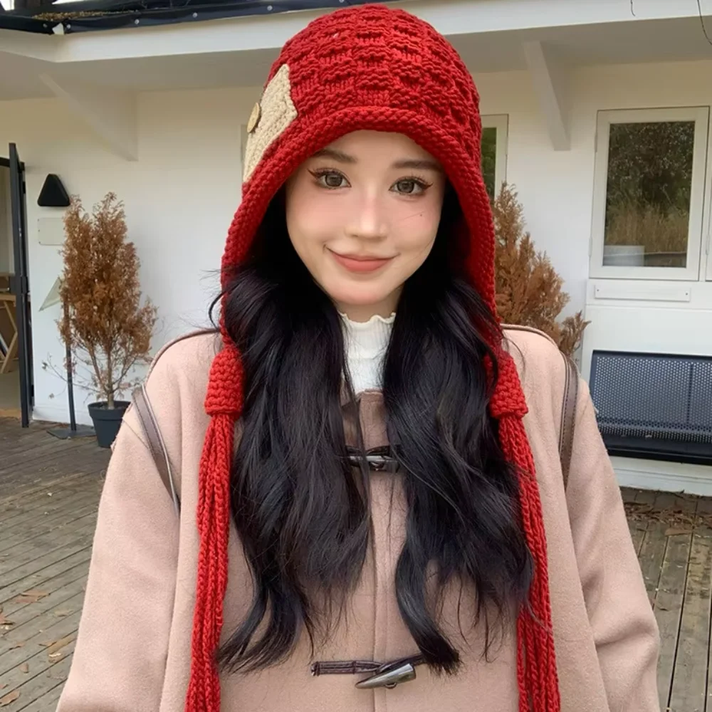 

Harajuku Designed Knitted Hat with Long Tassels Button Windproof Ear Protection Hat Korean Style Keep Warm Women Bucket Cap Girl