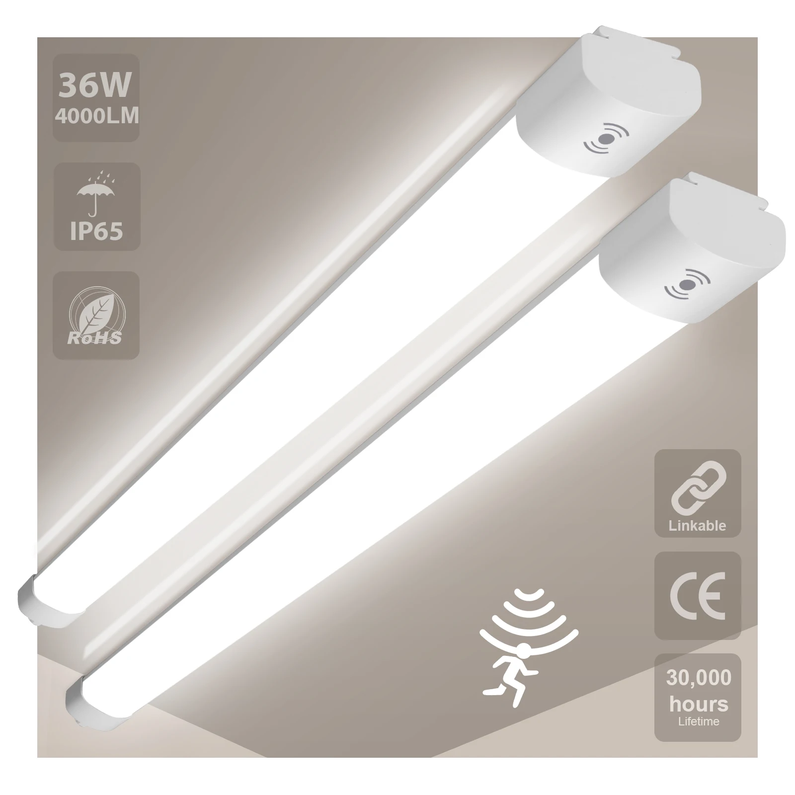 2er-Pack feuchtigkeitsbeständige LED-Leuchte mit Bewegungsmelder, 120 cm, 36 W, 4000 lm, LED-Deckenröhre, IP65-Kellerlicht, neutralweiß, 4000 K, wasserdichte Lattenleuchte für Werkstatt, Garage,