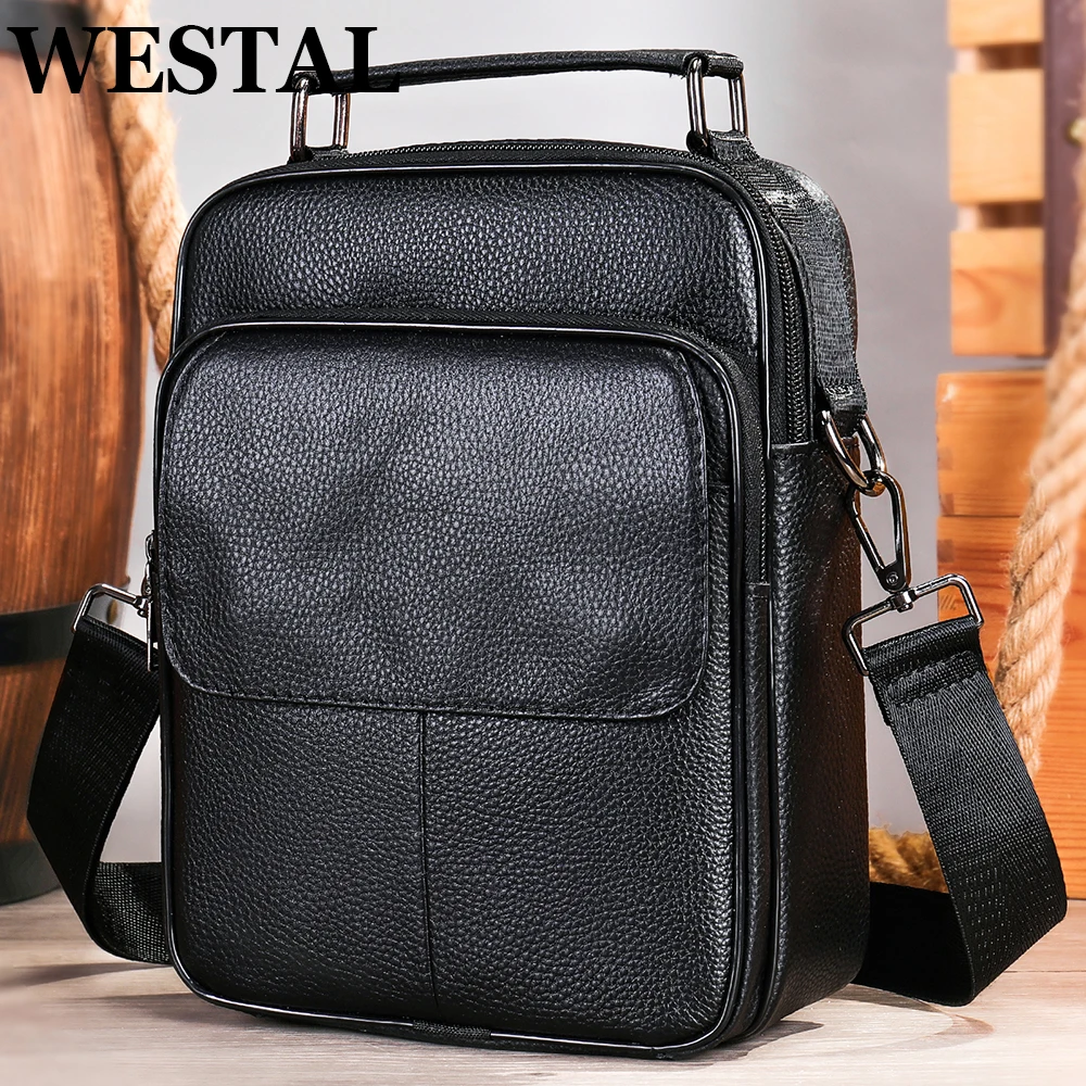 WESTAL Cowhide Leather Man\'s Shoulder Bags Men Leather Crossbody Messenger Bags Black Casual Small Handbags for ipad  6102