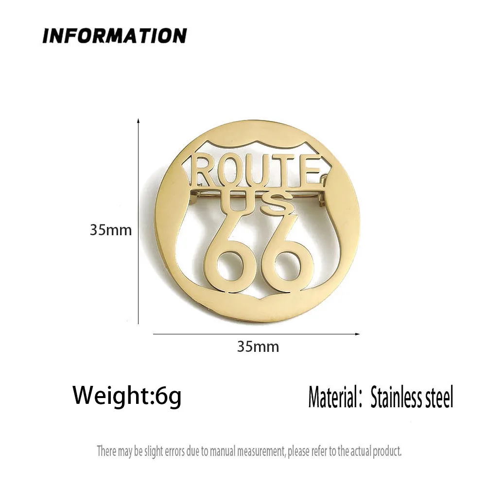 316L Stainless Steel Plated 18K Gold US Route 66 Hollow‑Out Brooch Lapel Pin for Jacket Backpack Unisex Jewelry Gift